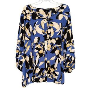 Ashley Stewart 22/24 Plus Blue Abstract LS Blouse Career Relaxed Work Roomy
